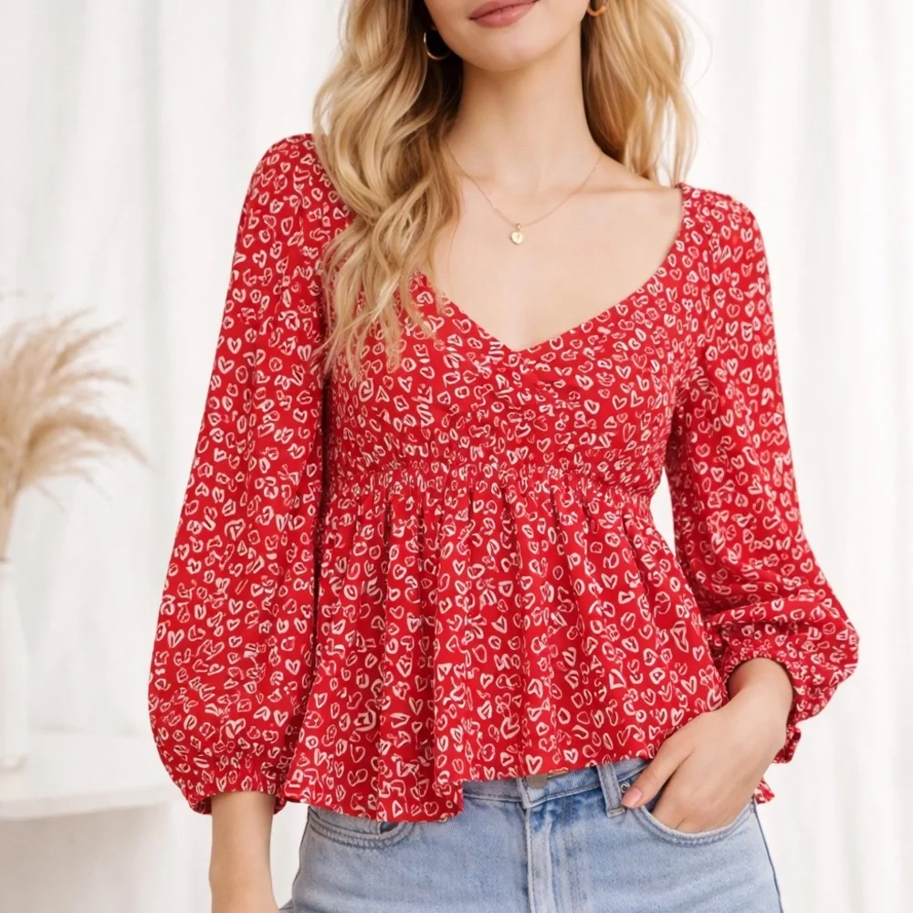 LOFT Red Top with White Heart Print - Picture 1 of 10